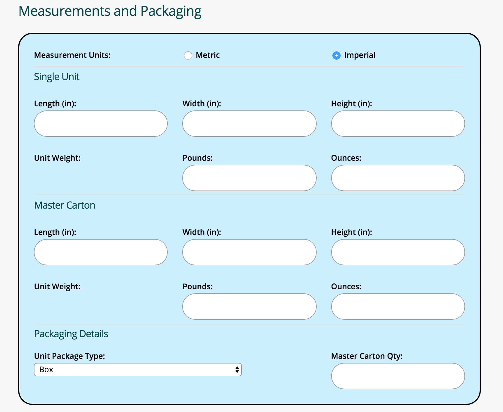 Edit Item - Measurements and Packaging - Screenshot
