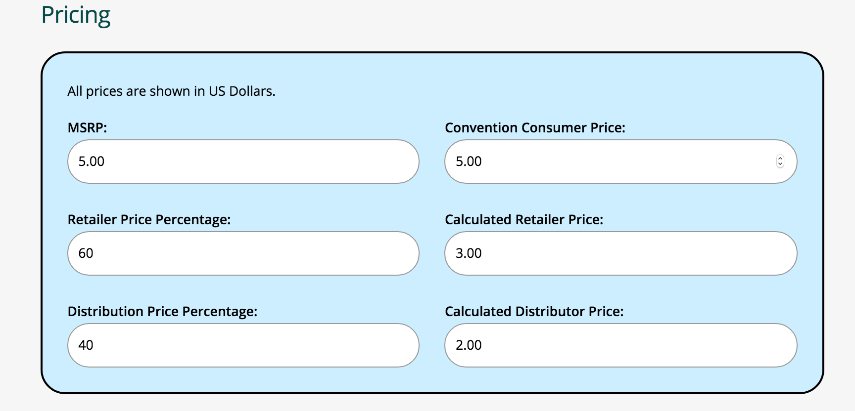 Edit Item - Pricing - Screenshot